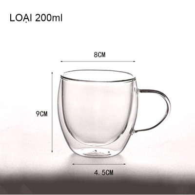 Cốc (ly) thủy tinh 2 lớp giữ nhiệt uống trà và café, có tay cầm 200ml