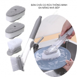 Bàn chải cọ rửa thông minh nhà bếp có bình chứa và xịt dầu rửa chén bát, kèm theo 2 đầu bàn chải và 2 miếng bọt xốp rửa