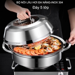 Bộ nồi lẩu hơi, nồi hấp đa năng bằng inox 304, đáy 5 lớp dày dặn dùng được cho bếp từ loại 36cm(mẫu mới 03)