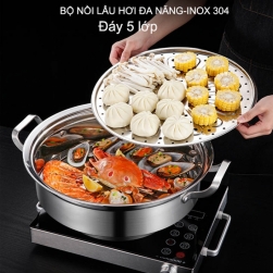 Bộ nồi lẩu hơi, nồi hấp đa năng bằng inox 304, đáy 5 lớp dày dặn dùng được cho bếp từ loại 40cm(mẫu mới 03)