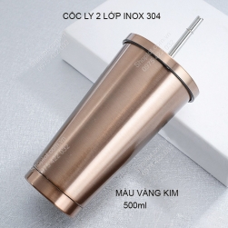 Cốc (ly) 2 lớp inox 304 CR500, chống nóng, có nắp và ống hút, cỡ lớn 500ml, dùng được trên xe hơi