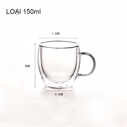 Cốc (ly) thủy tinh 2 lớp giữ nhiệt uống trà và café, có tay cầm 150ml