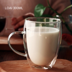 Cốc (ly) thủy tinh 2 lớp giữ nhiệt uống trà và café, có tay cầm 300ml