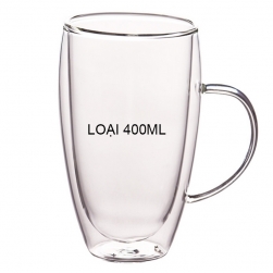 Cốc (ly) thủy tinh 2 lớp giữ nhiệt uống trà và café, có tay cầm 400ml