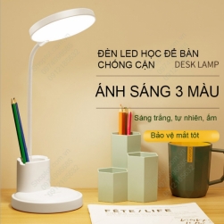 Đèn led học để bàn chống cận, tích điện, có hộp để bút và giá để điện thoại, ánh sáng 3 màu, điều chỉnh độ sáng vô cấp