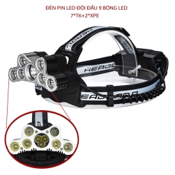 Đèn Pin LED siêu sáng đội đầu 9 bóng led (7*T6 + 2*XPE) - kèm 2 pin sạc
