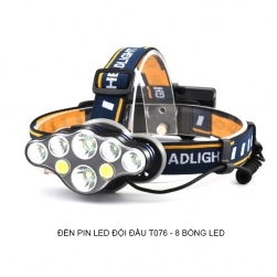 Đèn Pin LED đội đầu siêu sáng T076, 8 bóng led (2T6+4XPE+2COB) - kèm 2 pin sạc