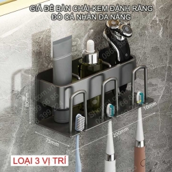 Giá để bàn chải, kem đánh răng, đồ cá nhân đa năng, bằng hợp kim nhôm mạ màu đen, dùng keo dán không cần khoan (Loại 3 vị trí để)