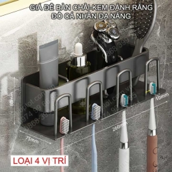 Giá để bàn chải, kem đánh răng, đồ cá nhân đa năng, bằng hợp kim nhôm mạ màu đen, dùng keo dán không cần khoan (loại 4 vị trí để)