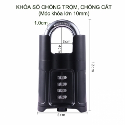 Khóa số chống cắt loại lớn với móc khóa thép cứng D10mm, vỏ hợp kim kẽm mạ không gỉ