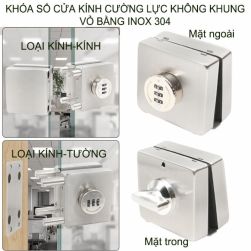 Khóa số cửa kính cường lực không khung bằng inox 304, khóa ngoài, chốt vặn trong (8312-cửa xoay loại KÍNH-KÍNH)