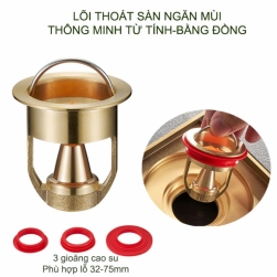 Lõi ngăn mùi thoát sàn từ tính thông minh thế hệ mới Cu32, bằng đồng kèm 3 gioăng cao su D32-75mm