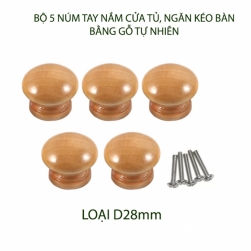 Bộ 5 núm tay nắm cửa tủ, ngăn kéo bàn, bằng gỗ tự nhiên sơn phủ bóng, loại D28mm
