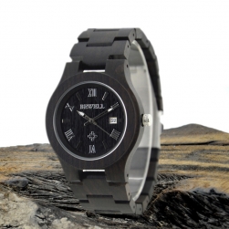 Đồng hồ đeo tay mặt tròn vỏ và dây bằng gỗ mun