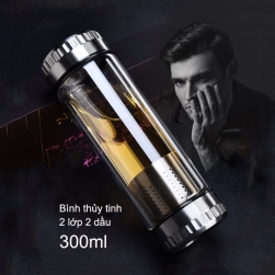 Bình giữ nhiệt thủy tinh 2 lớp 2 đầu kèm bộ lọc pha trà inox cao cấp - 300ml (nắp có gân chống trơn)