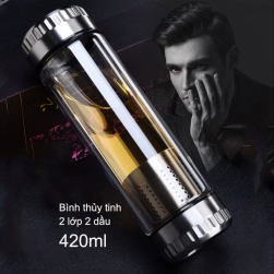 Bình giữ nhiệt thủy tinh 2 lớp 2 đầu kèm bộ lọc pha trà inox cao cấp - 420ml (nắp có gân chống trơn)