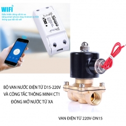 Bộ van nước điện từ 220V, ren trong D15 và công tắc thông minh điều khiển bằng smartphone